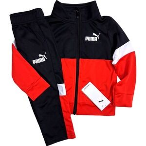 Puma 2T Black Red White Colorblock Tracksuit Jacket Pants Set Outfir NWT